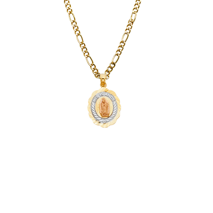 14k Gold Tri Tone Virgin Mary Mis 15 Años Quinceañera Oval Pendant with Solid Chain - LE-1898