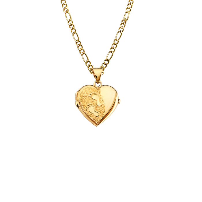 14k Gold Footprints Engraved Picture Heart Locket Pendant with Solid Chain - LE-2573