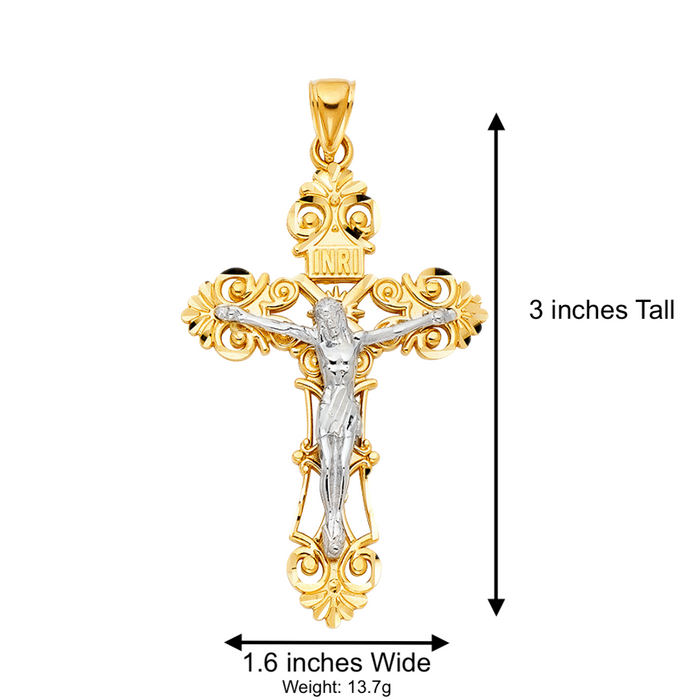 14k Two Tone Gold Large Ornate Jesus Cross with Solid Figaro Chain - LE-1211