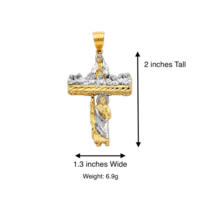 14k San Judas Virgin Mary Last Supper Gold Cross with Solid Figaro Chain - LE-2908