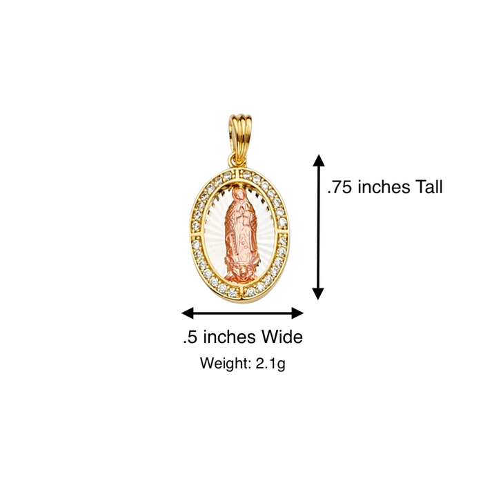 14k Virgin Mary Oval Pendant with Gemstone Bezel and Solid Chain - LE-PT2289