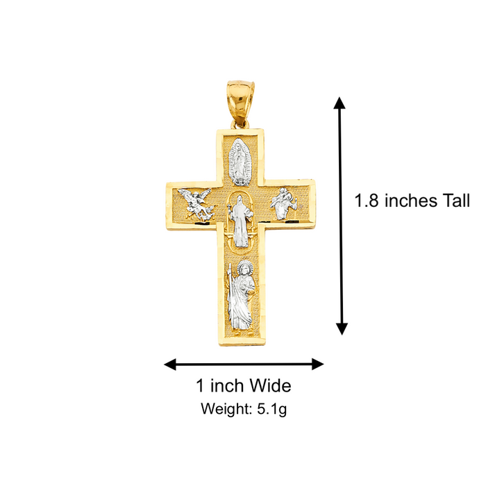 14k Gold Virign Mary Saint Jude Saint Michael Saint Benito Cross with Solid Figaro Chain - LE-2954