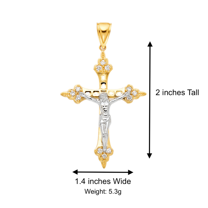 14k Two Tone Gold Gemstone Jesus Cross with Solid Figaro Chain - LE-1218