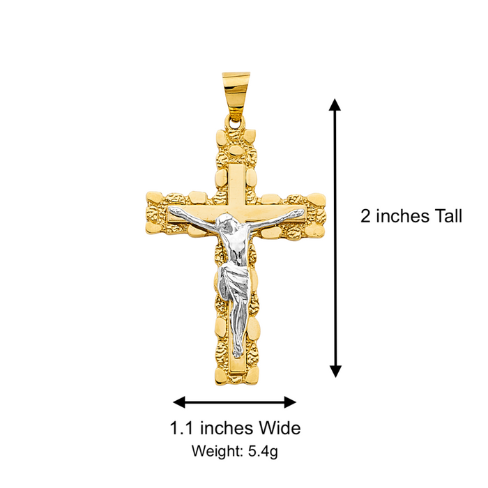 14k Large Two Tone Gold Nugget Jesus Cross with Solid Figaro Chain - LE-2945