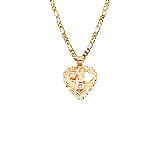 14k Gold Two Tone 15 Quinceanera Heart Pendant with Solid Chain - LE-1907