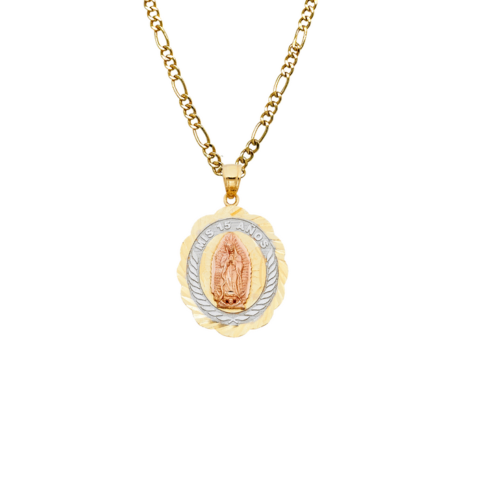 14k Gold Tri Tone Virgin Mary Mis 15 Años Quinceañera Oval Pendant with Solid Chain - LE-1900