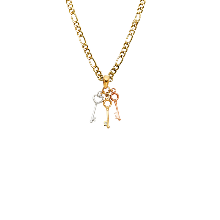 14k TriColor Gold Heart Keys Pendant with Solid Chain - LE-0466