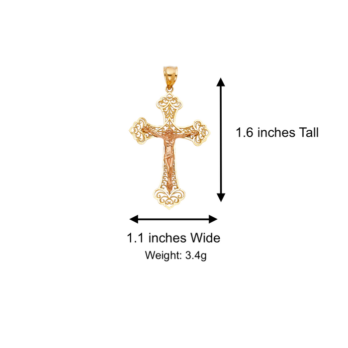 14k Gold Fancy Filigrano Jesus Cross with Solid Figaro Chain - LE-0995