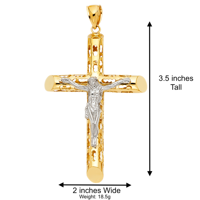 14k Two Tone Large Gold Jesus Turkish Cross with Solid Figaro Chain - LE-1214