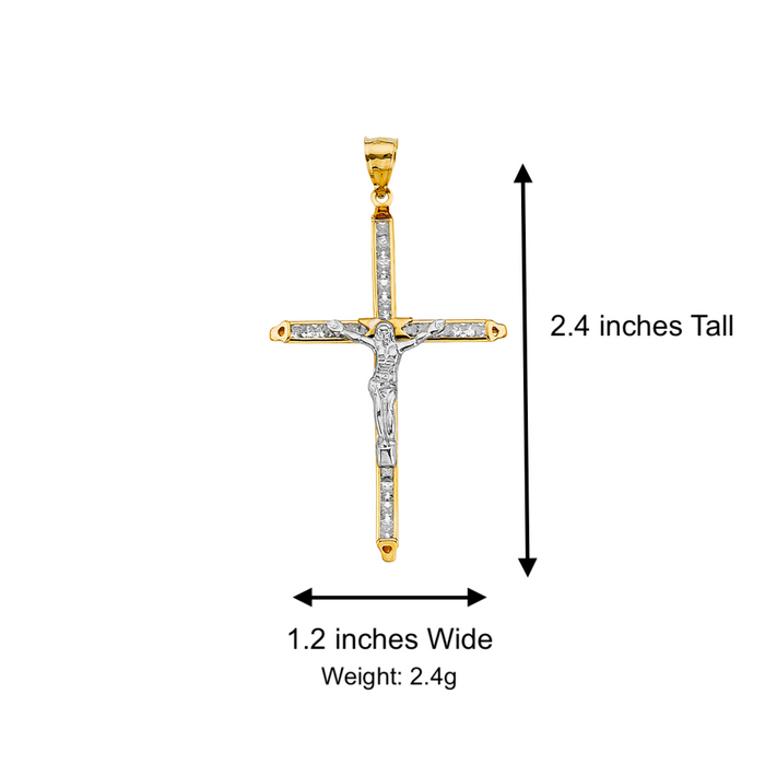 14k Two Tone Gold Gemstone Jesus Cross with Solid Figaro Chain - LE-3047