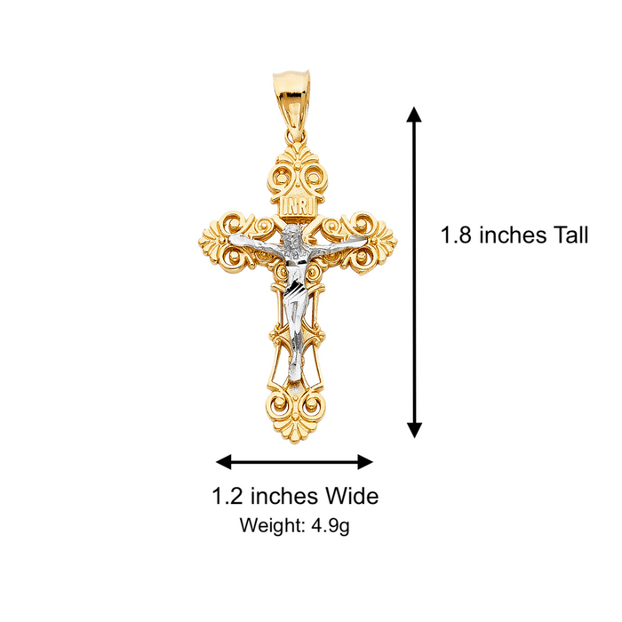 14k Two Tone Gold Ornate Jesus Cross with Solid Figaro Chain - LE-0975