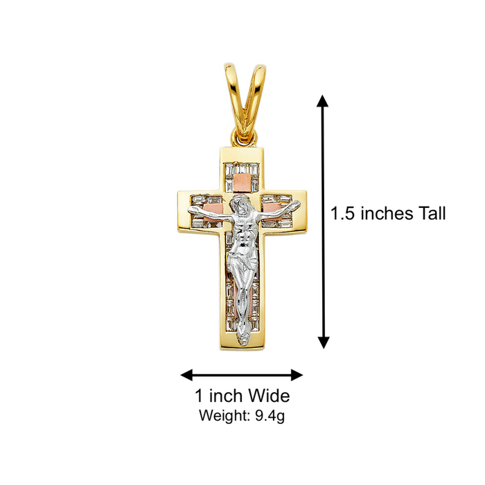 14k Two Tone Gold Jesus Gemstone Cross with Solid Figaro Chain - LE-0940