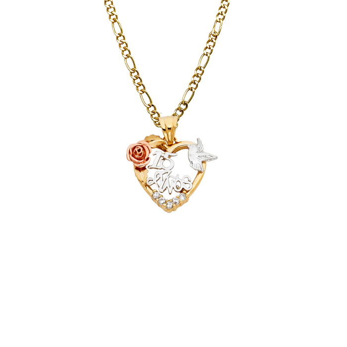 14k Gold Tri Tone 15 Años Quinceañera Heart Gemstone Pendant with Solid Chain - LE-1864