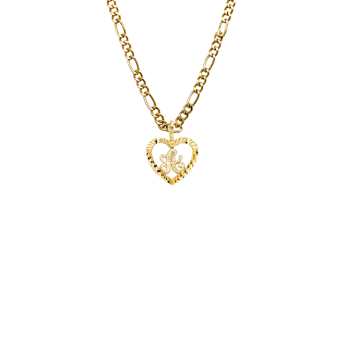 14k Gold Cursive Diamond Cut Heart Letter Pendant with Solid Figaro Chain - LE-2054FC