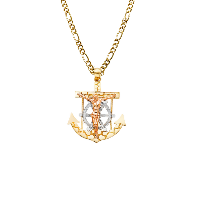 14k Gold Tri Tone Nugget Jesus Anchor Mariner Pendant with Solid Chain - LE-1236