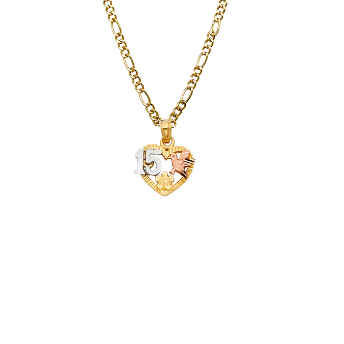 14k Gold Tri Tone 15 Años Quinceañera Dove Heart Pendant with Solid Chain - LE-1911