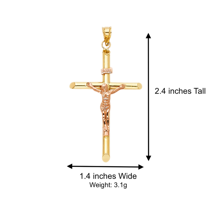 14k Large Rose Gold Jesus Cross with Solid Figaro Chain - LE-0853