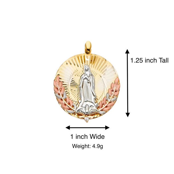 14k Virgin Mary TriColor Round Pendant with Solid Figaro Chain - LE-2287