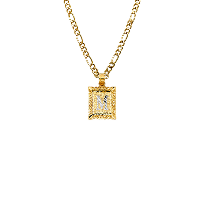 14k Gold Two Tone Square Letter Pendant with Solid Figaro Chain - LE-2051FC