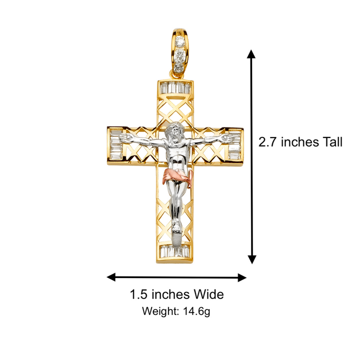 14k Two Tone Large Gold Gemstone Jesus Cross with Solid Figaro Chain - LE-2156