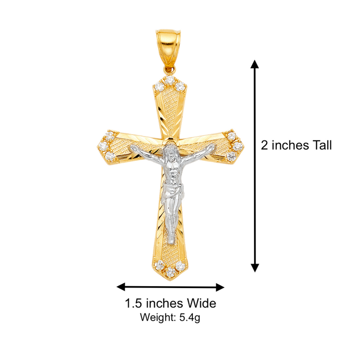 14k Two Tone Gold Gemstone Jesus Cross with Solid Figaro Chain - LE-1217