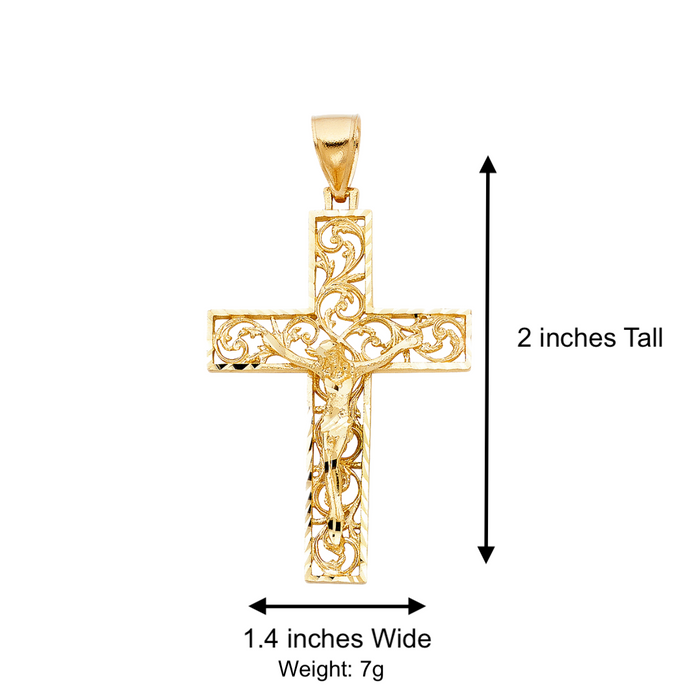 14k Gold Large Ornate Jesus Cross with Solid Figaro Chain - LE-0985