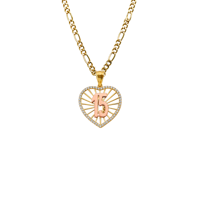 14k Gold Two Tone 15 Años Quinceañera Heart Gemstone Pendant with Solid Chain - LE-2970