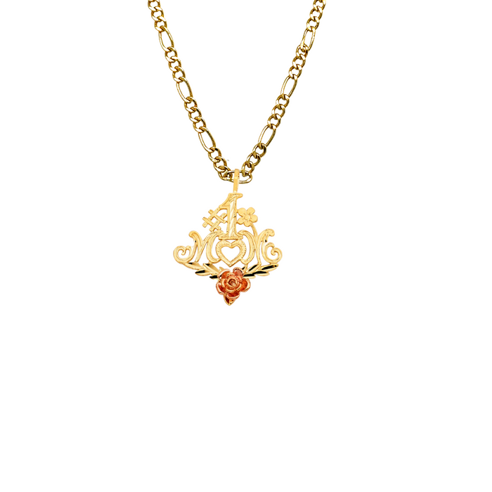 14k Gold Two Tone #1 Mom Heart Pendant with Solid Chain - LE-1832