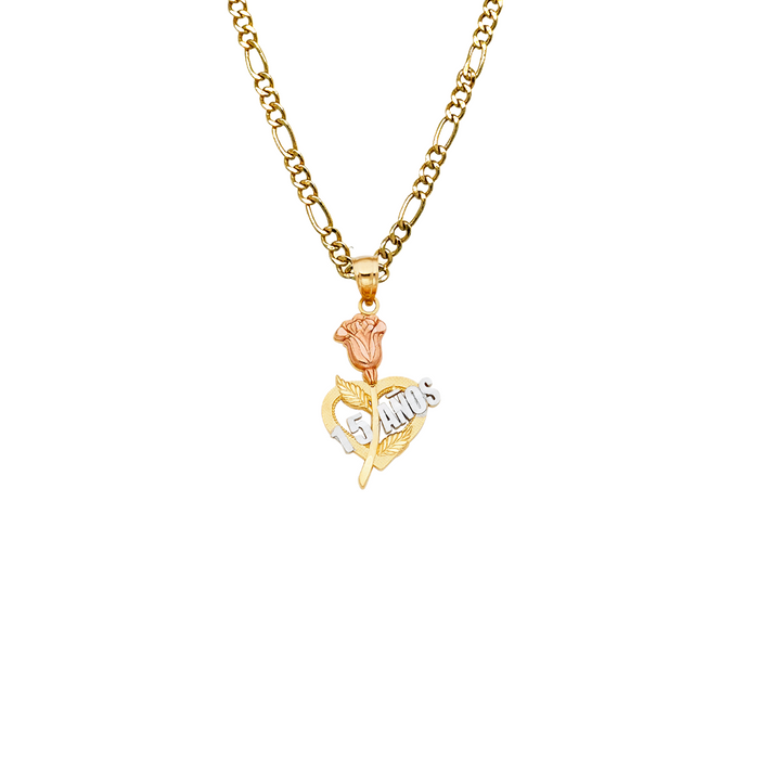 14k Gold Tri Tone 15 Años Quinceañera Heart Rose Pendant with Solid Chain - LE-1913