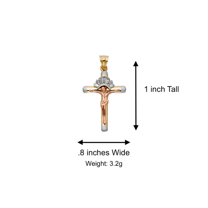 14k TriGold Gemstone Jesus Cross with Solid Figaro Chain - LE-0954