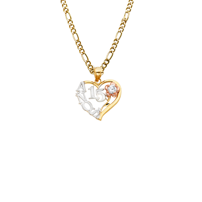 14k Gold Three Tone 15 Años Heart Flower Pendant with Solid Chain - LE-0358