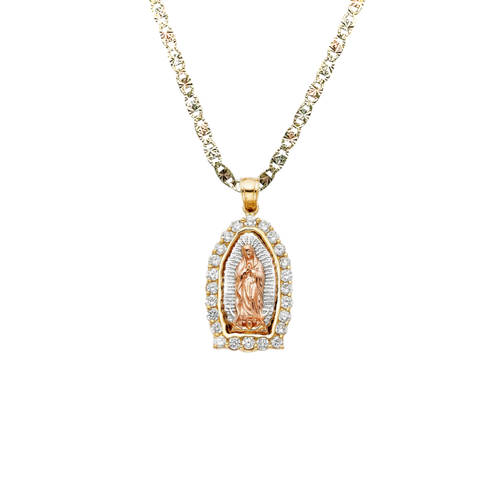 14k Virgin Mary Pendant with White Gemstone Bezel and Solid Chain - LE-PT392