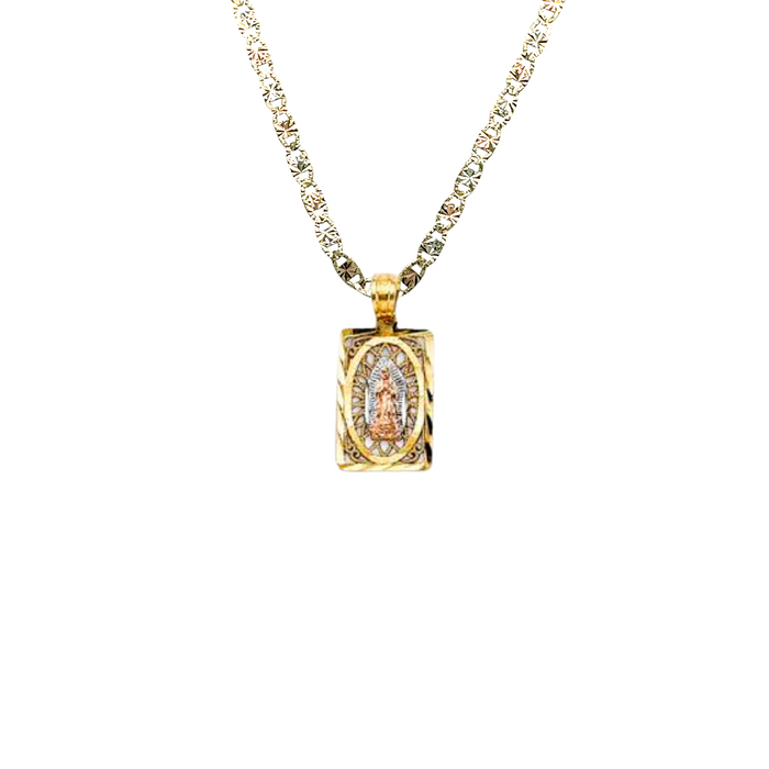 14k Virgin Mary Rectangle Filigarno Pendant with Solid Chain - LE-PT2819