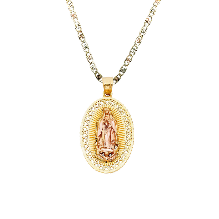 14k Virgin Mary Heart Bezel Pendant with Solid Chain - LE-PT1105