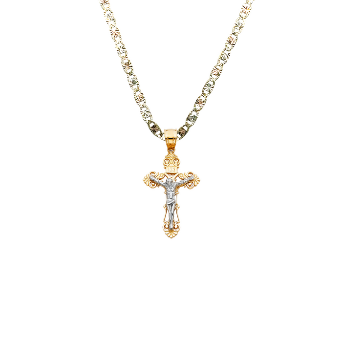 14k Two Tone Gold Ornate Jesus Cross Pendant with Solid Chain - LE-0059