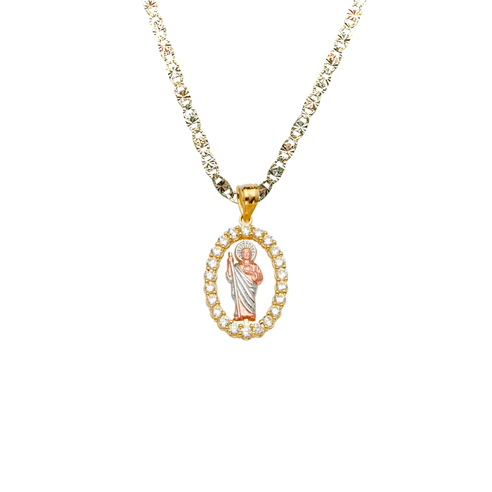 14k San Judas Gold Oval Gemstone Pendant with Solid Chain - LE-2246