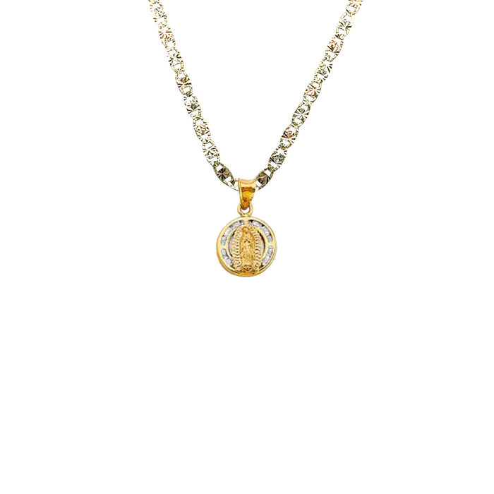 14k Virgin Mary Gold Pendant Round with Gemstones and Solid Chain - LE-791