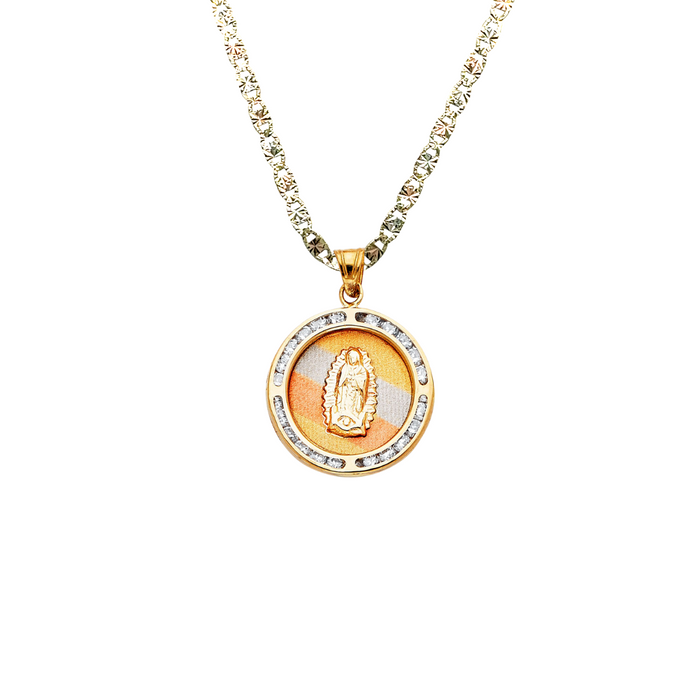 14k Virgin Mary Gold Pendant Round with Gemstones and Solid Chain - LE-187