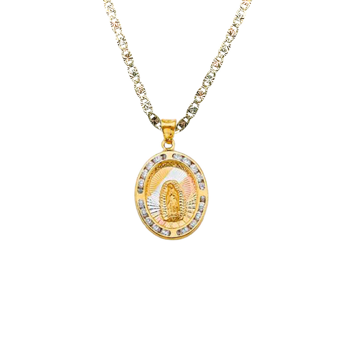 14k Virgin Mary Gold Pendant Oval Gemstones with Solid Chain - LE-1306