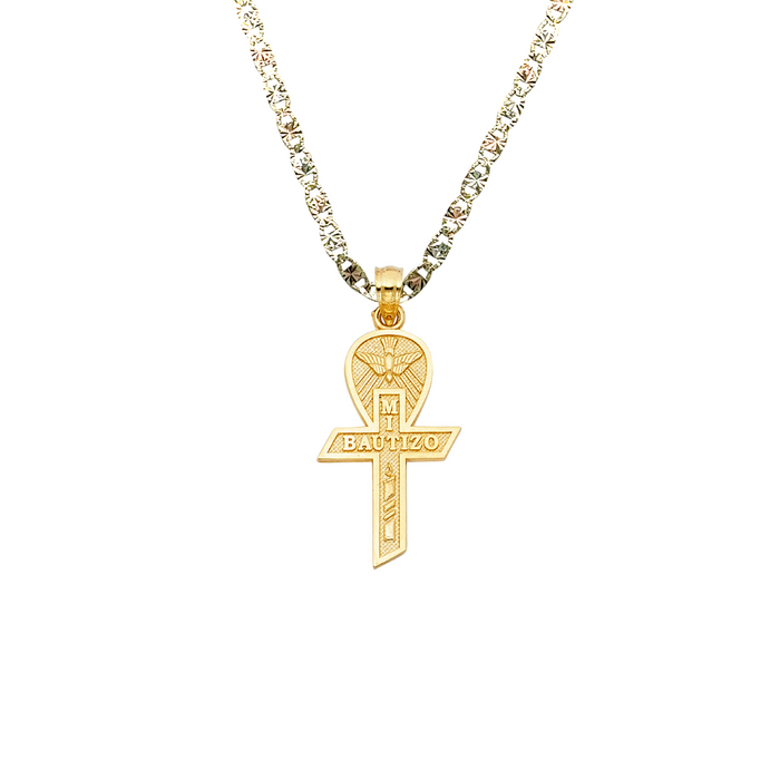 14k Baptism Gold Mi Bautizo Cross Pendant with Solid Chain - LE-1452