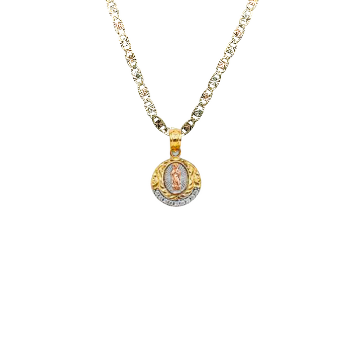 14k Virgin Mary Round Gemstone Pendant with Solid Chain - LE-1132