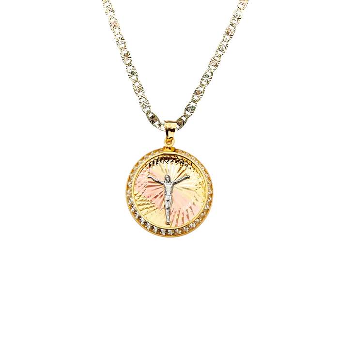 14k Jesus Christ Round Gemstone Gold Pendant with Solid Chain - LE-2256