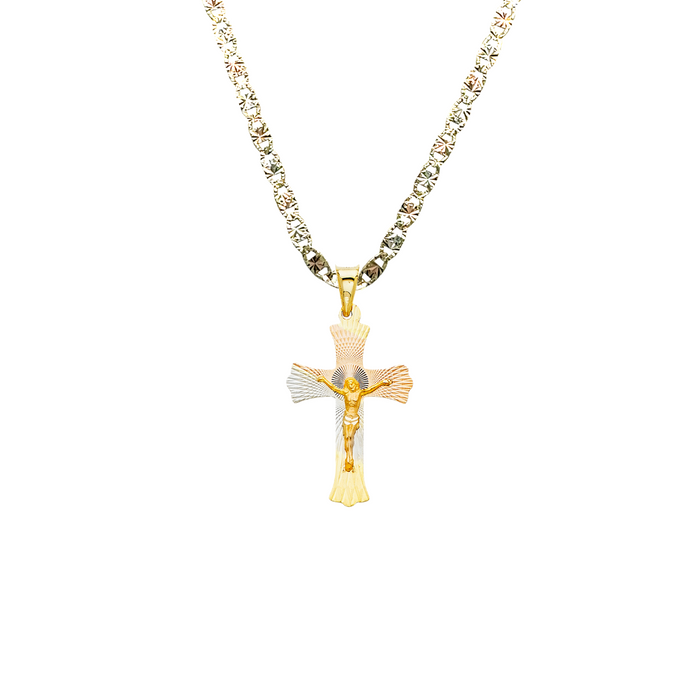 14k TriColor Gold Jesus Cross Pendant with Solid Chain - LE-0351