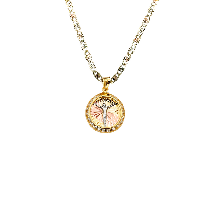 14k Jesus Christ Round Gemstone Gold Pendant with Solid Chain - LE-2257