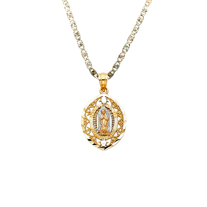 14k Virgin Mary Oval Pendant with Solid Chain - LE-PT1114