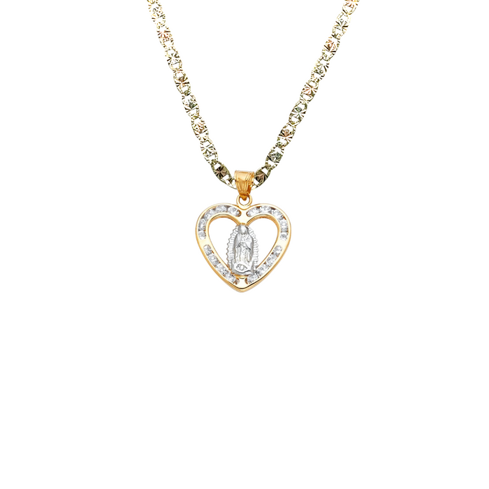 14k Virgin Mary Gold Heart Pendant with Gemstones and Solid Chain - LE-806