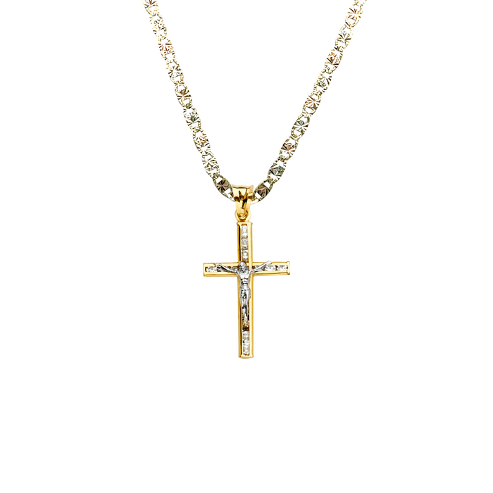 14k Gold Gemstone Jesus Cross Pendant with Solid Chain - LE-2198