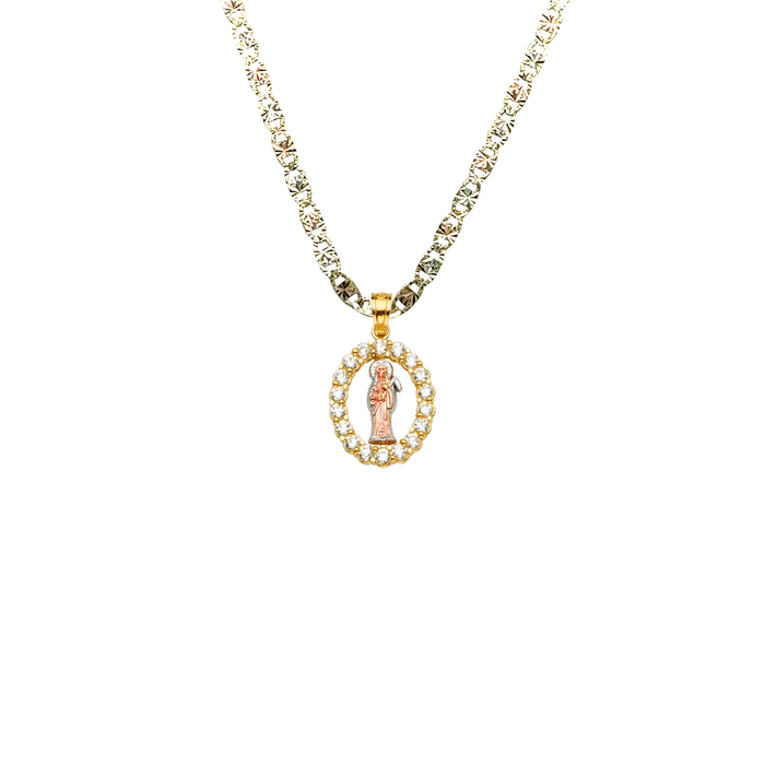 14k Small Santa Muerte TriColor Gold Pendant with Gemstones and Solid Chain - LE-2252