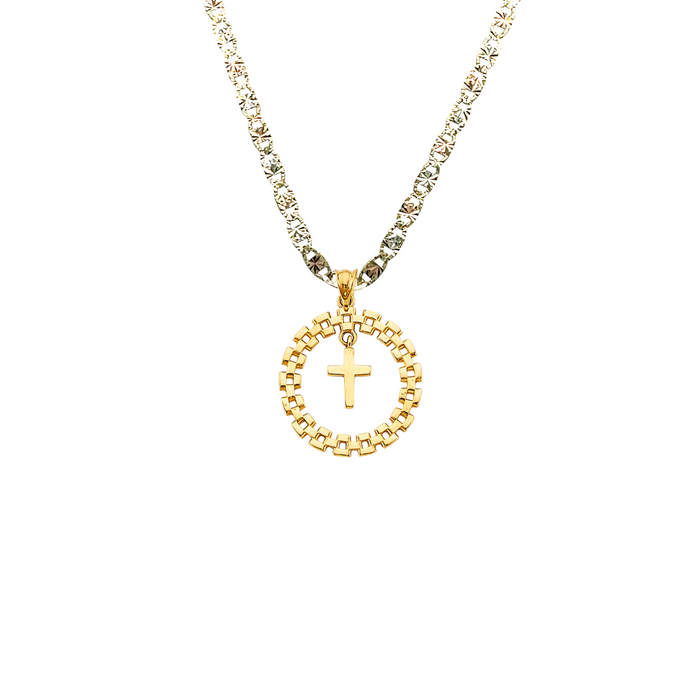 14k Gold Round Link Cross Pendant with Solid Chain - LE-2737