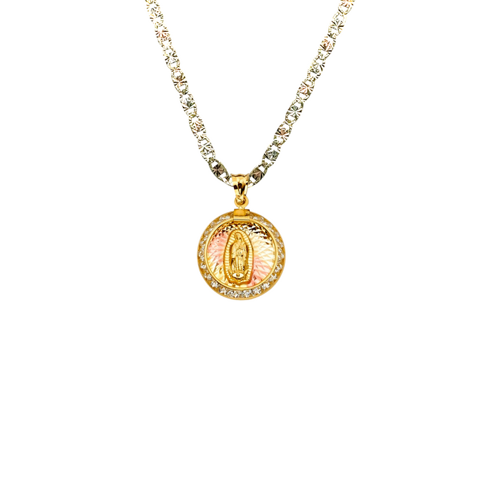 14k Virgin Mary Gold Pendant Round with Gemstones and Solid Chain - LE-2304